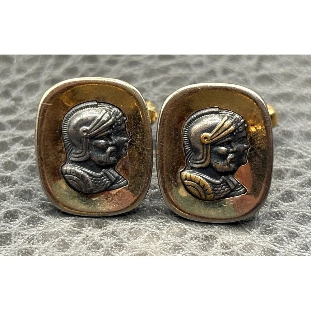 Vintage Anson Roman Soldier Cameo Profile Cufflinks Two Tone Gold Tone